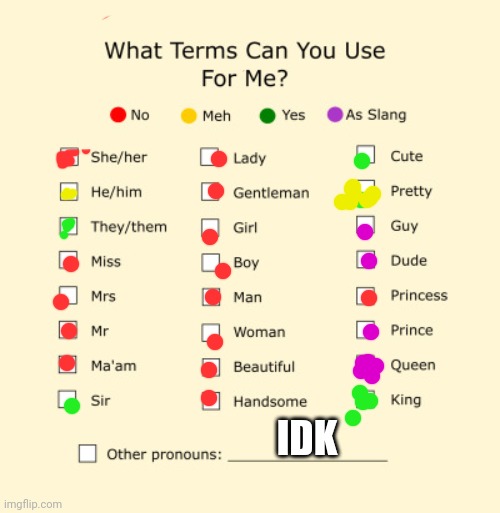 Pronouns Sheet | IDK | image tagged in pronouns sheet | made w/ Imgflip meme maker