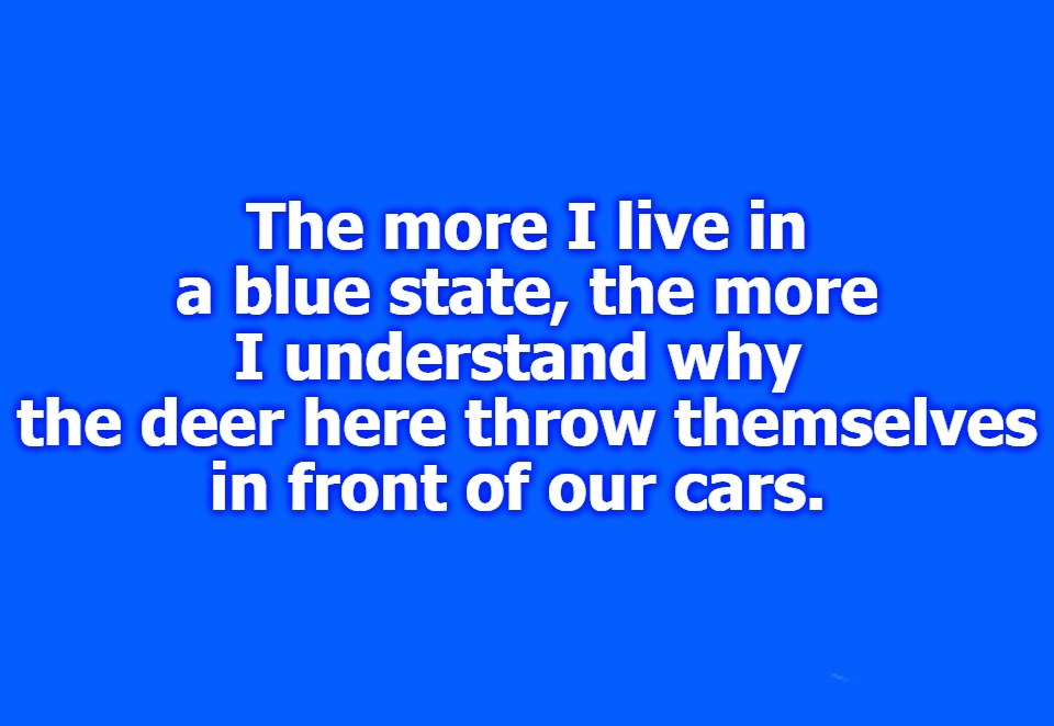 Message I just received from a friend who lives in a Blue State. | image tagged in blue states,contemplating suicide guy,suicidal deer,suicide,stupid liberals,never go full retard | made w/ Imgflip meme maker