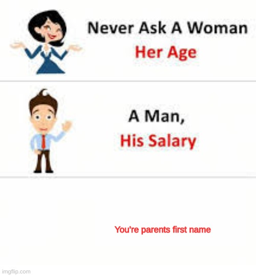 never do this | You're parents first name | image tagged in never ask a woman her age | made w/ Imgflip meme maker