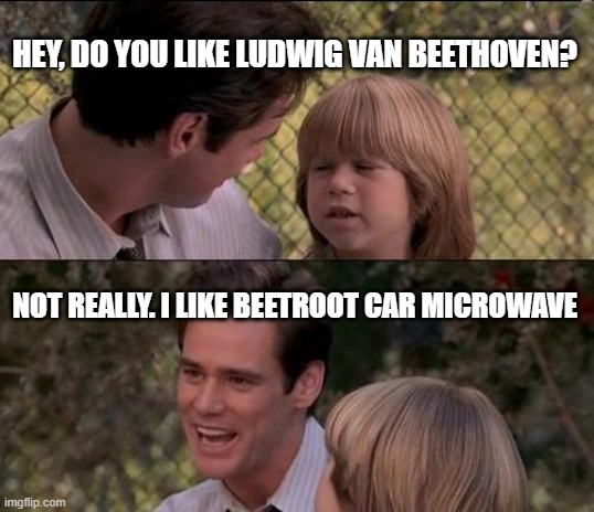 Ah yes, beetroot car microwave | HEY, DO YOU LIKE LUDWIG VAN BEETHOVEN? NOT REALLY. I LIKE BEETROOT CAR MICROWAVE | image tagged in memes,that's just something x say | made w/ Imgflip meme maker