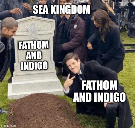 Grant Gustin over grave | FATHOM AND INDIGO FATHOM AND INDIGO SEA KINGDOM | image tagged in grant gustin over grave | made w/ Imgflip meme maker