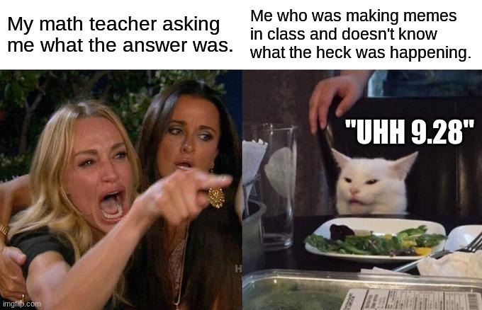 I can't do math while making memes. | My math teacher asking me what the answer was. Me who was making memes in class and doesn't know what the heck was happening. "UHH 9.28" | image tagged in memes,woman yelling at cat | made w/ Imgflip meme maker