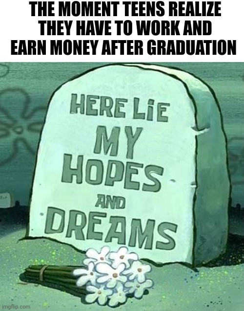 Why T~T | THE MOMENT TEENS REALIZE THEY HAVE TO WORK AND EARN MONEY AFTER GRADUATION | image tagged in here lie my hopes and dreams | made w/ Imgflip meme maker