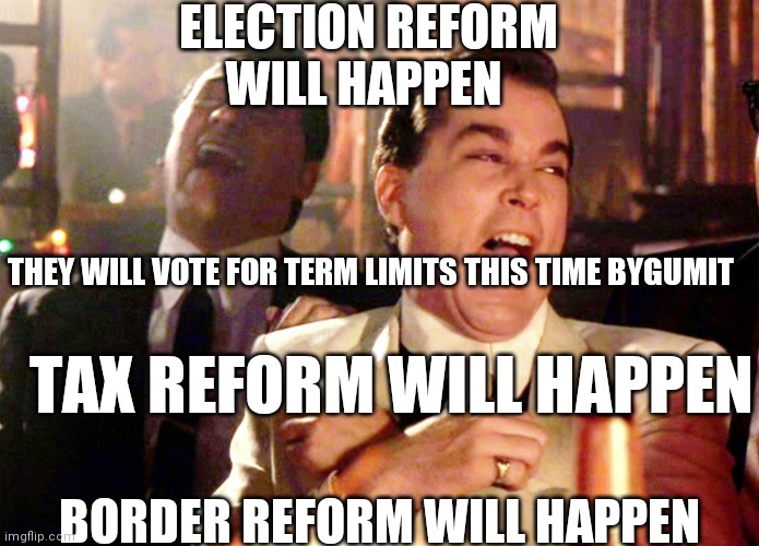 Good Fellas Hilarious Meme | ELECTION REFORM WILL HAPPEN BORDER REFORM WILL HAPPEN TAX REFORM WILL HAPPEN THEY WILL VOTE FOR TERM LIMITS THIS TIME BYGUMIT | image tagged in memes,good fellas hilarious | made w/ Imgflip meme maker