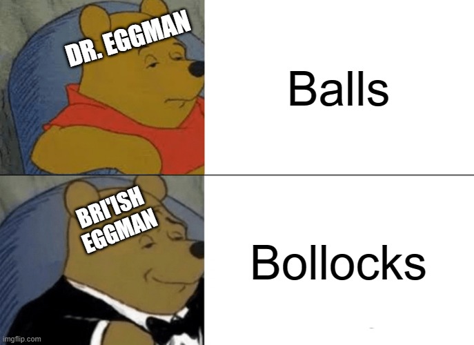 Hmm! Bollocks! | Balls; DR. EGGMAN; Bollocks; BRI'ISH
EGGMAN | image tagged in memes,tuxedo winnie the pooh,sonic the hedgehog | made w/ Imgflip meme maker