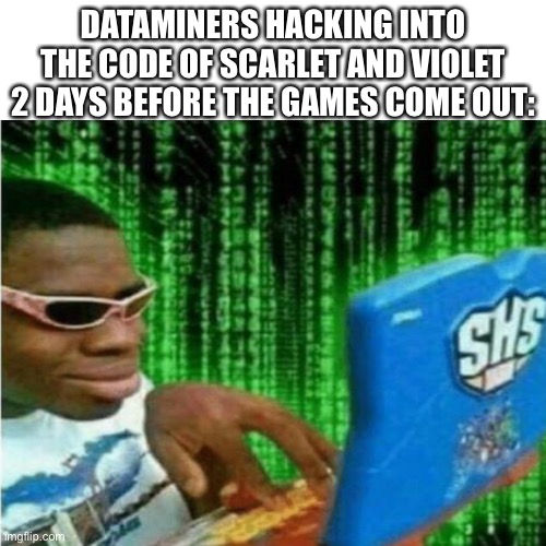 Image title | DATAMINERS HACKING INTO THE CODE OF SCARLET AND VIOLET 2 DAYS BEFORE THE GAMES COME OUT: | image tagged in hacker meme | made w/ Imgflip meme maker
