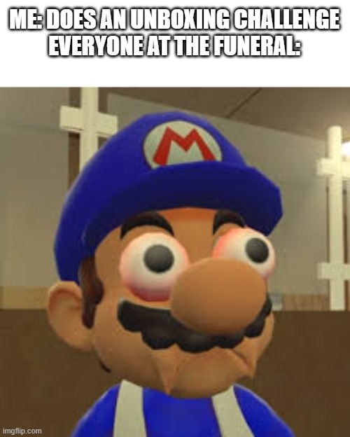 UNBOXING | ME: DOES AN UNBOXING CHALLENGE
EVERYONE AT THE FUNERAL: | image tagged in smg4 oh shit | made w/ Imgflip meme maker