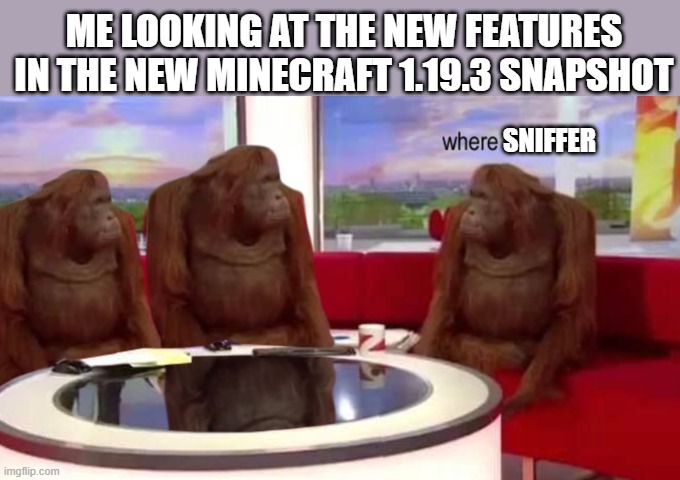 i am still waiting for the sniffer | ME LOOKING AT THE NEW FEATURES IN THE NEW MINECRAFT 1.19.3 SNAPSHOT; SNIFFER | image tagged in where banana | made w/ Imgflip meme maker