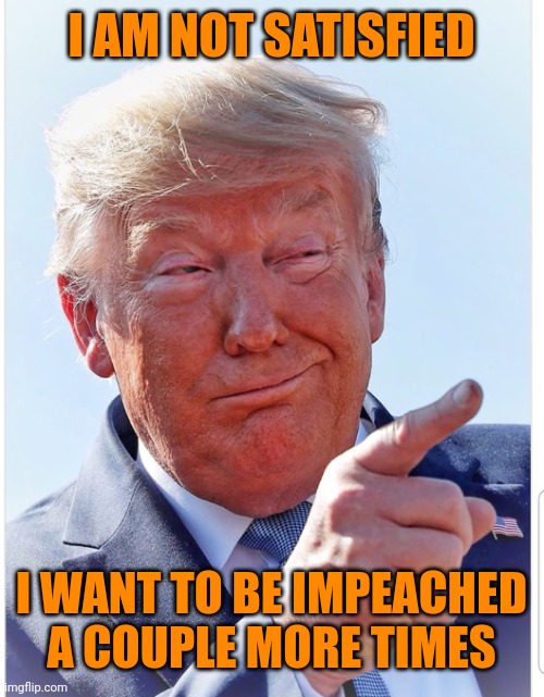 Trump pointing | I AM NOT SATISFIED I WANT TO BE IMPEACHED A COUPLE MORE TIMES | image tagged in trump pointing | made w/ Imgflip meme maker