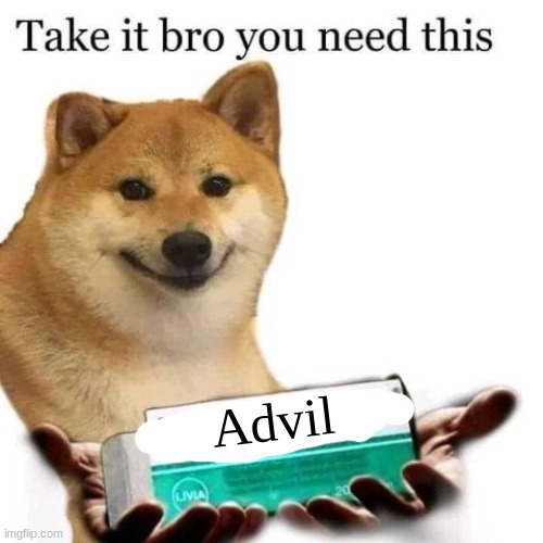 Take it bro you need this | Advil | image tagged in take it bro you need this | made w/ Imgflip meme maker