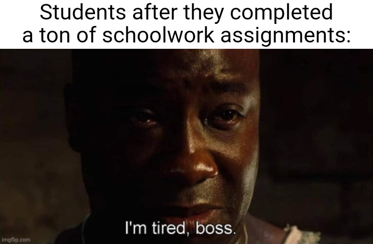 Schoolwork assignments | Students after they completed a ton of schoolwork assignments: | image tagged in i'm tired boss,schoolwork,assignments,students,memes,meme | made w/ Imgflip meme maker