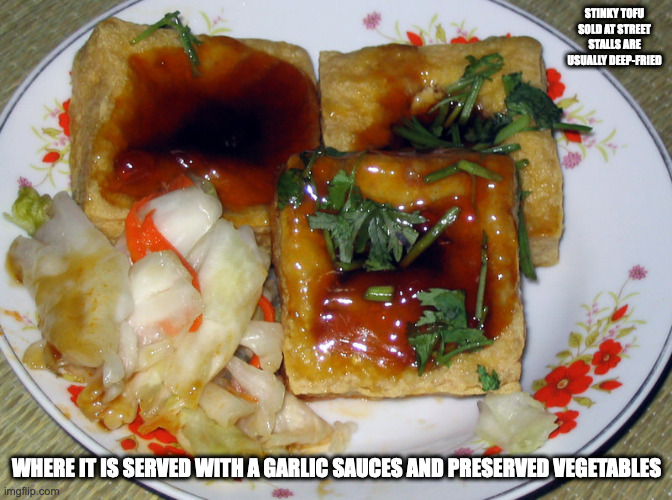 Stinky Tofu | STINKY TOFU SOLD AT STREET STALLS ARE USUALLY DEEP-FRIED; WHERE IT IS SERVED WITH A GARLIC SAUCES AND PRESERVED VEGETABLES | image tagged in tofu,memes,food | made w/ Imgflip meme maker