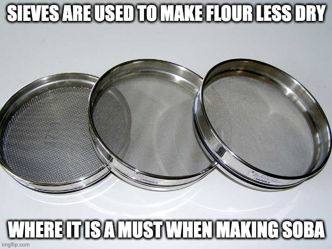Sieves | SIEVES ARE USED TO MAKE FLOUR LESS DRY; WHERE IT IS A MUST WHEN MAKING SOBA | image tagged in kitchen,memes | made w/ Imgflip meme maker