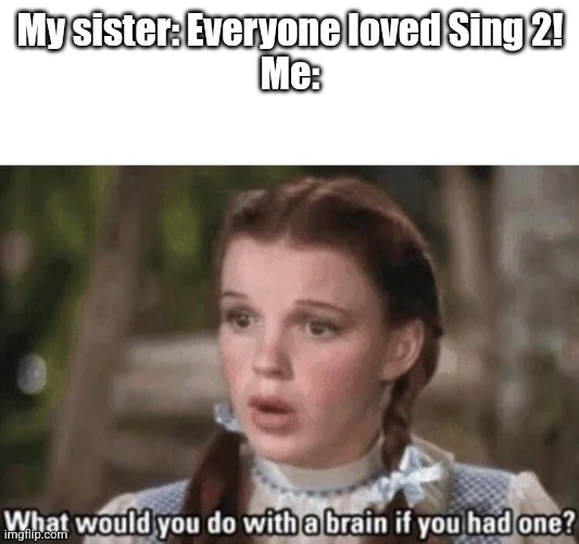 What would you do with a brain if you had one? | My sister: Everyone loved Sing 2!
Me: | image tagged in what would you do with a brain if you had one | made w/ Imgflip meme maker