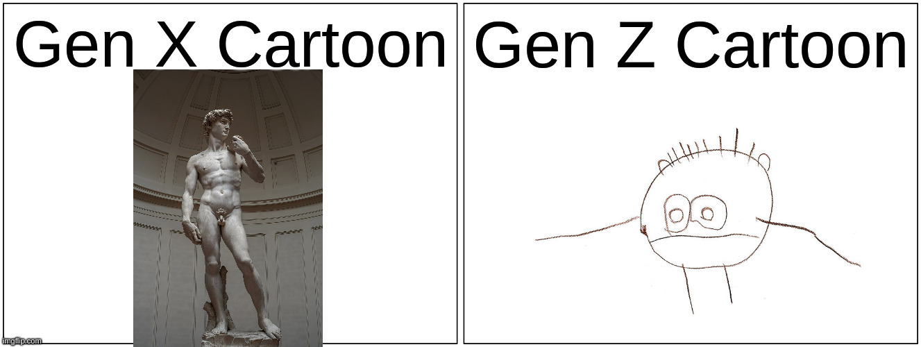 Gen X cartoon vs. Gen Z Cartoon | Gen X Cartoon; Gen Z Cartoon | image tagged in memes,blank comic panel 2x1 | made w/ Imgflip meme maker