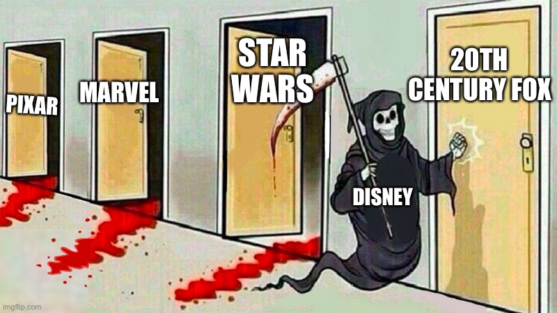 death knocking at the door | 20TH CENTURY FOX; STAR WARS; MARVEL; PIXAR; DISNEY | image tagged in death knocking at the door | made w/ Imgflip meme maker