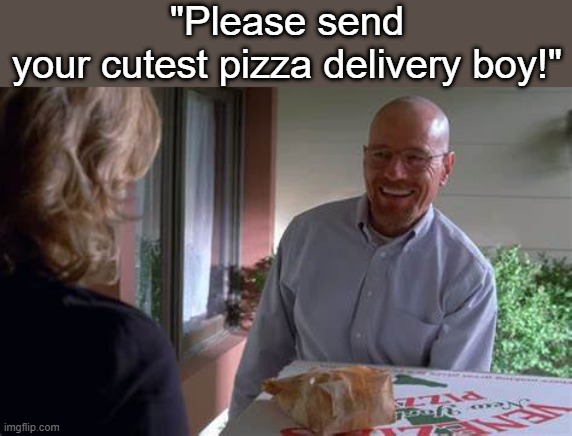 Walter White pizza | "Please send your cutest pizza delivery boy!" | image tagged in walter white pizza | made w/ Imgflip meme maker