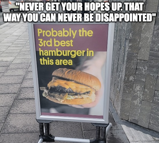 Yet still better than Arby's | "NEVER GET YOUR HOPES UP. THAT WAY YOU CAN NEVER BE DISAPPOINTED" | image tagged in depression,demotivationals,burger,mcdonalds | made w/ Imgflip meme maker