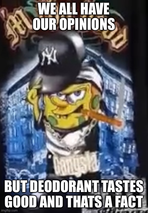 Gansta spongebob | WE ALL HAVE OUR OPINIONS; BUT DEODORANT TASTES GOOD AND THATS A FACT | image tagged in gansta spongebob | made w/ Imgflip meme maker