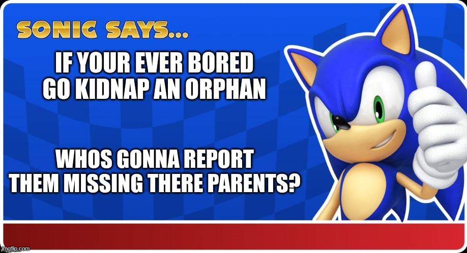 Sonic Says (S&ASR) | IF YOUR EVER BORED GO KIDNAP AN ORPHAN; WHOS GONNA REPORT THEM MISSING THERE PARENTS? | image tagged in sonic says s asr | made w/ Imgflip meme maker