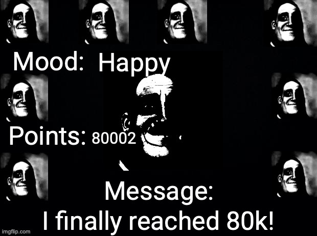 JustahappytrollonImgflip3 announcement template | Happy; 80002; I finally reached 80k! | image tagged in justahappytrollonimgflip3 announcement template | made w/ Imgflip meme maker