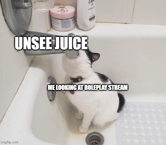 all | UNSEE JUICE; ME LOOKING AT ROLEPLAY STREAM | image tagged in cat drinking water in bathtub,all | made w/ Imgflip meme maker