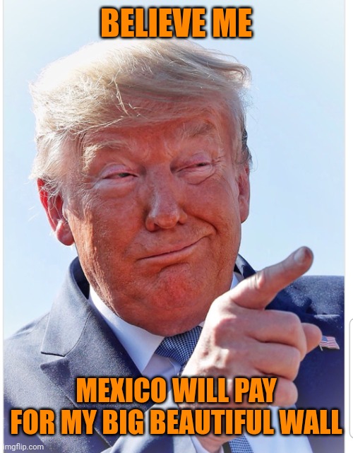 Trump pointing | BELIEVE ME MEXICO WILL PAY FOR MY BIG BEAUTIFUL WALL | image tagged in trump pointing | made w/ Imgflip meme maker