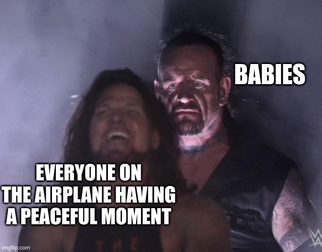 annoying AF | BABIES; EVERYONE ON THE AIRPLANE HAVING A PEACEFUL MOMENT | image tagged in undertaker | made w/ Imgflip meme maker