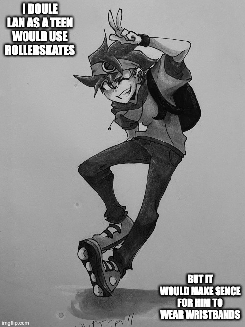 Teen Lan With Rollerskates | I DOULE LAN AS A TEEN WOULD USE ROLLERSKATES; BUT IT WOULD MAKE SENCE FOR HIM TO WEAR WRISTBANDS | image tagged in lan hikari,megaman,megaman battle network,rollerskate,memes | made w/ Imgflip meme maker