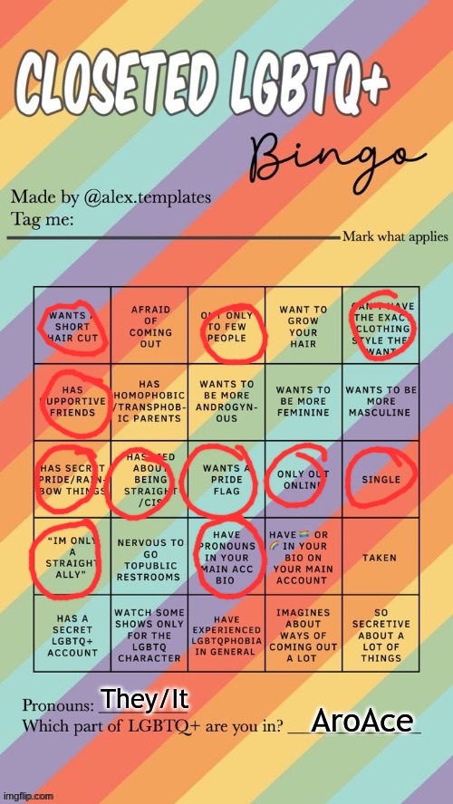 Closeted LGBTQ+ Bingo | They/It; AroAce | image tagged in closeted lgbtq bingo | made w/ Imgflip meme maker