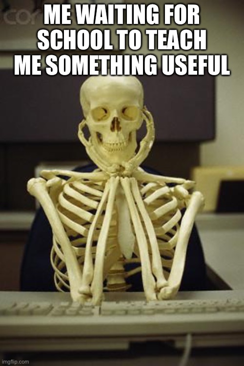 School kinda sucks tbh | ME WAITING FOR SCHOOL TO TEACH ME SOMETHING USEFUL | image tagged in waiting skeleton | made w/ Imgflip meme maker
