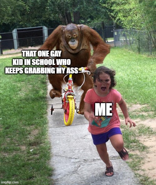 sus | THAT ONE GAY KID IN SCHOOL WHO KEEPS GRABBING MY ASS; ME | image tagged in orangutan chasing girl on a tricycle | made w/ Imgflip meme maker