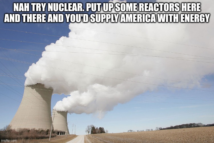 Nuclear power plant | NAH TRY NUCLEAR. PUT UP SOME REACTORS HERE AND THERE AND YOU'D SUPPLY AMERICA WITH ENERGY | image tagged in nuclear power plant | made w/ Imgflip meme maker