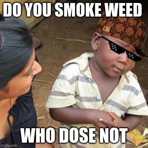 Third World Skeptical Kid | DO YOU SMOKE WEED; WHO DOSE NOT | image tagged in memes,third world skeptical kid | made w/ Imgflip meme maker