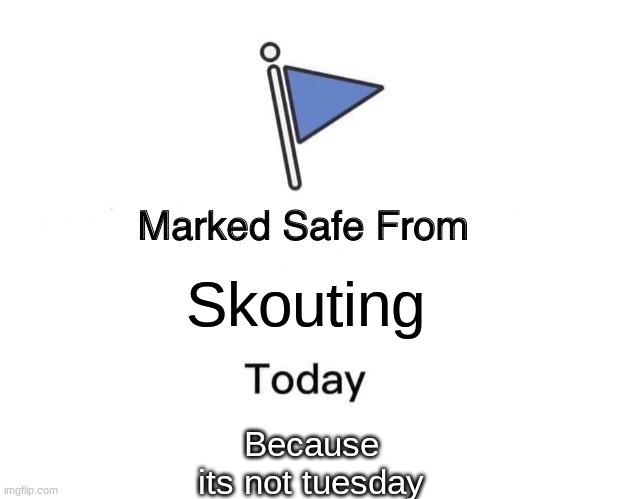 Marked Safe From Meme | Skouting; Because its not tuesday | image tagged in memes,marked safe from | made w/ Imgflip meme maker