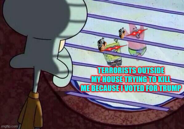 Squidward window | TERRORISTS OUTSIDE MY HOUSE TRYING TO KILL ME BECAUSE I VOTED FOR TRUMP | image tagged in squidward window | made w/ Imgflip meme maker