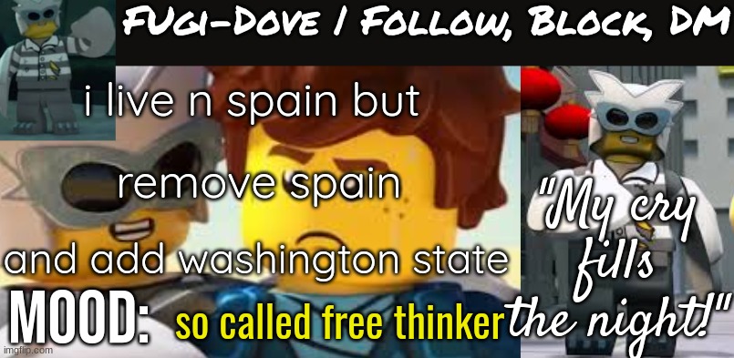 Fugi-Dove Template 1.1 | i live n spain but; remove spain; and add washington state; so called free thinker | image tagged in fugi-dove template 1 1 | made w/ Imgflip meme maker