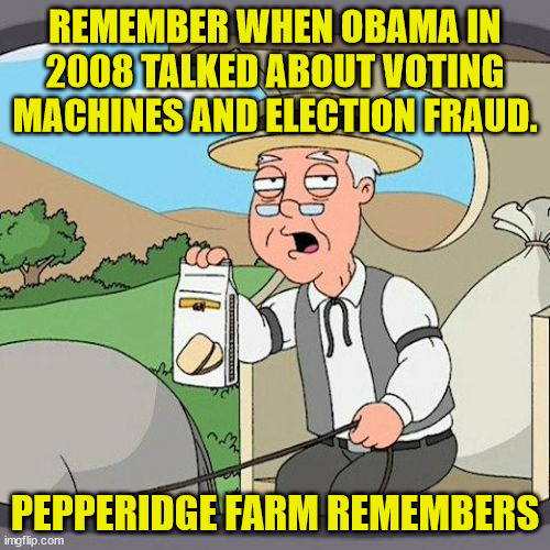 Remember when 0bama talked about election fraud and voting machines? | REMEMBER WHEN OBAMA IN 2008 TALKED ABOUT VOTING MACHINES AND ELECTION FRAUD. PEPPERIDGE FARM REMEMBERS | image tagged in memes,pepperidge farm remembers,barack obama,election fraud | made w/ Imgflip meme maker