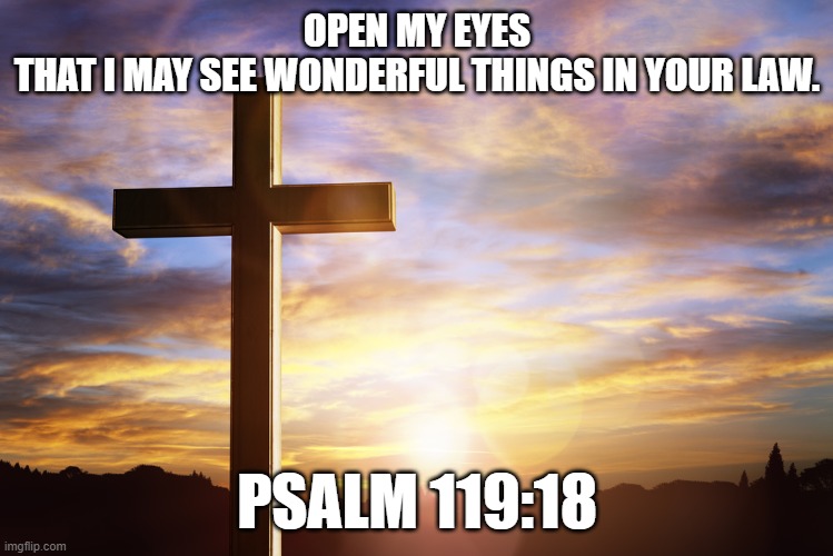 Bible Verse of the Day | OPEN MY EYES THAT I MAY SEE WONDERFUL THINGS IN YOUR LAW. PSALM 119:18 | image tagged in bible verse of the day | made w/ Imgflip meme maker