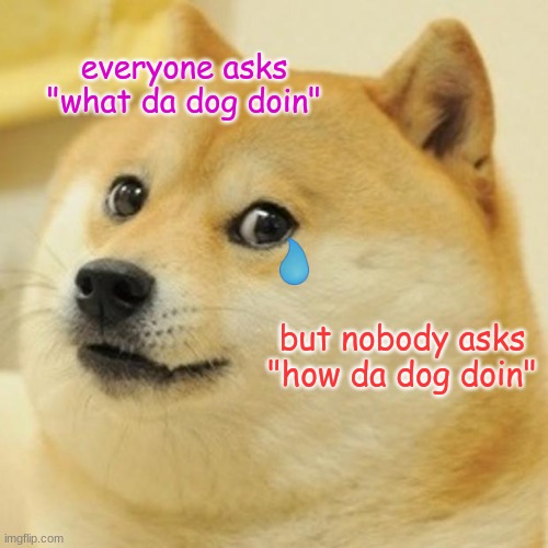 zad doggo | everyone asks "what da dog doin"; but nobody asks "how da dog doin" | image tagged in memes,doge | made w/ Imgflip meme maker
