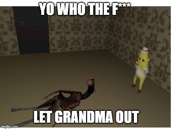 who let her out | YO WHO THE F***; LET GRANDMA OUT | image tagged in grandma,vr,horror,banana | made w/ Imgflip meme maker