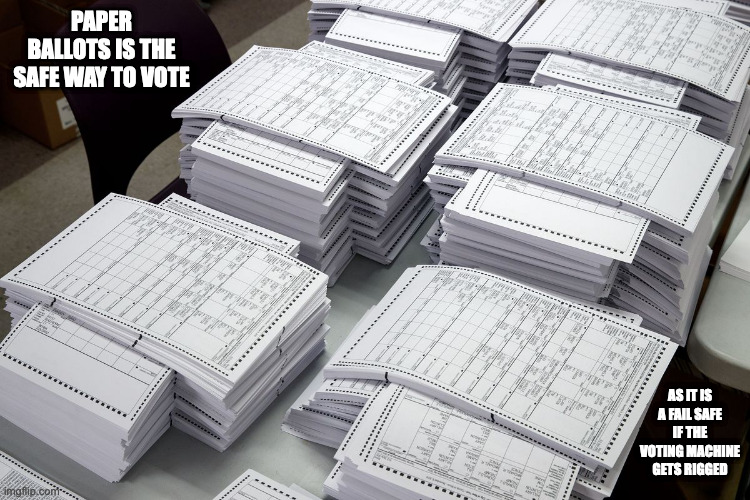 Paper Ballots | PAPER BALLOTS IS THE SAFE WAY TO VOTE; AS IT IS A FAIL SAFE IF THE VOTING MACHINE GETS RIGGED | image tagged in voting,memes | made w/ Imgflip meme maker