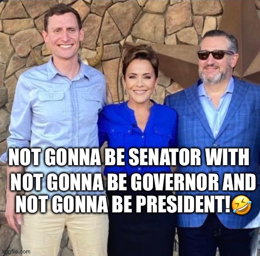 Election deniers Blake Masters & Kari Lake loses race for key state offices in Arizona . | NOT GONNA BE SENATOR WITH; NOT GONNA BE GOVERNOR AND
NOT GONNA BE PRESIDENT!🤣 | image tagged in deplorables,blake masters,kari lake,ted cruz,election deniers,sycophants | made w/ Imgflip meme maker