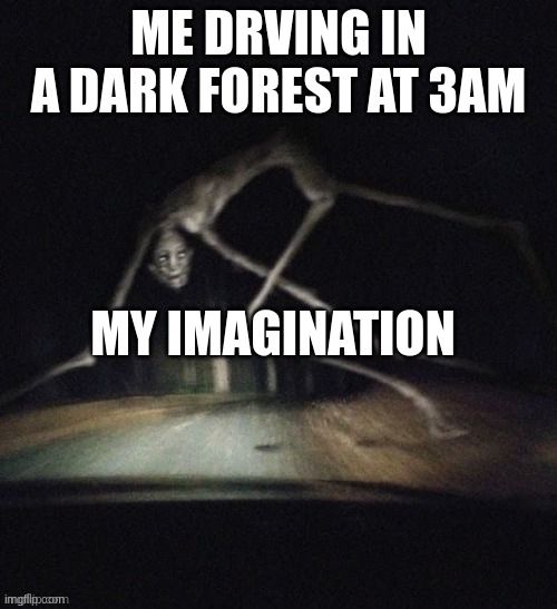 Country Road Creature | ME DRVING IN A DARK FOREST AT 3AM; MY IMAGINATION | image tagged in country road creature | made w/ Imgflip meme maker