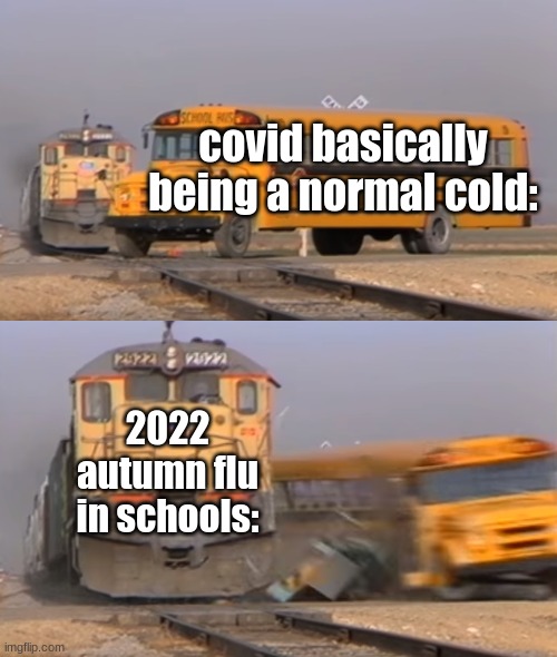 A train hitting a school bus | covid basically being a normal cold:; 2022 autumn flu in schools: | image tagged in a train hitting a school bus | made w/ Imgflip meme maker