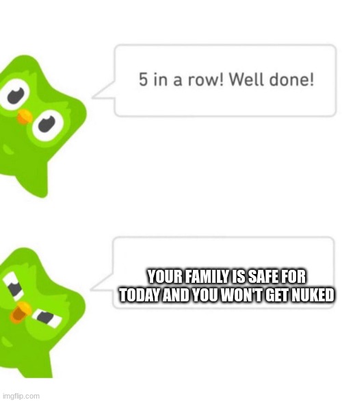Duolingo 5 in a row |  YOUR FAMILY IS SAFE FOR TODAY AND YOU WON'T GET NUKED | image tagged in duolingo 5 in a row | made w/ Imgflip meme maker