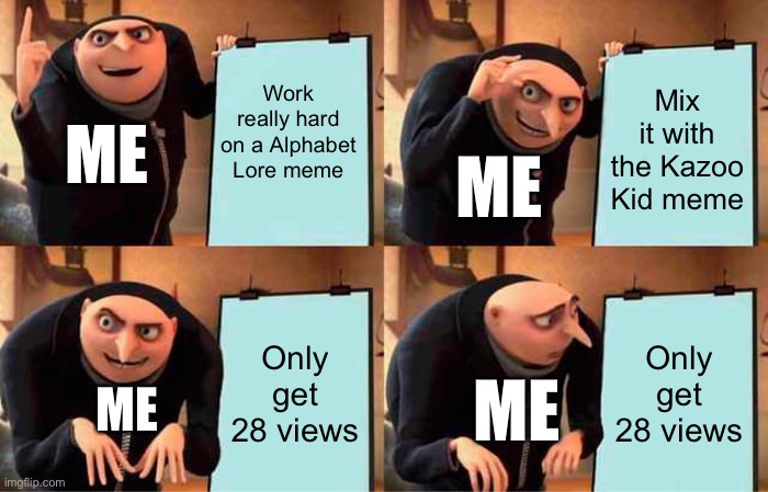 Sad | Work really hard on a Alphabet Lore meme; Mix it with the Kazoo Kid meme; ME; ME; Only get 28 views; Only get 28 views; ME; ME | image tagged in memes,gru's plan,alphabet lore | made w/ Imgflip meme maker