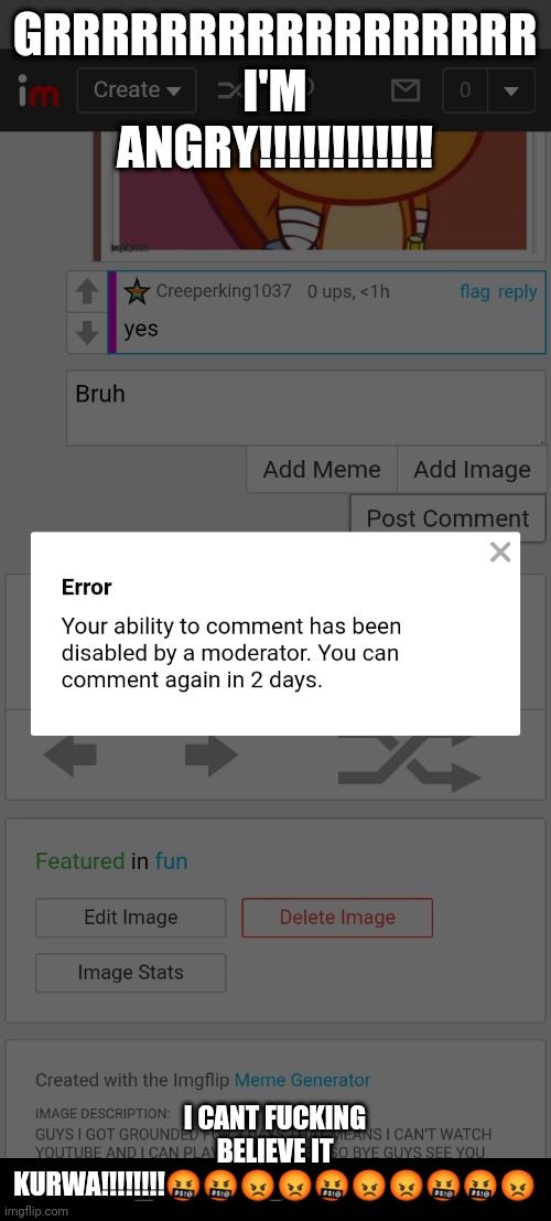 I hate imgflip!!!!!!!!!!!!! | GRRRRRRRRRRRRRRRRR I'M ANGRY!!!!!!!!!!!! I CANT FUCKING BELIEVE IT KURWA!!!!!!!!🤬🤬😡😡🤬😡😡🤬🤬😡 | image tagged in angry,memes,fuck you | made w/ Imgflip meme maker