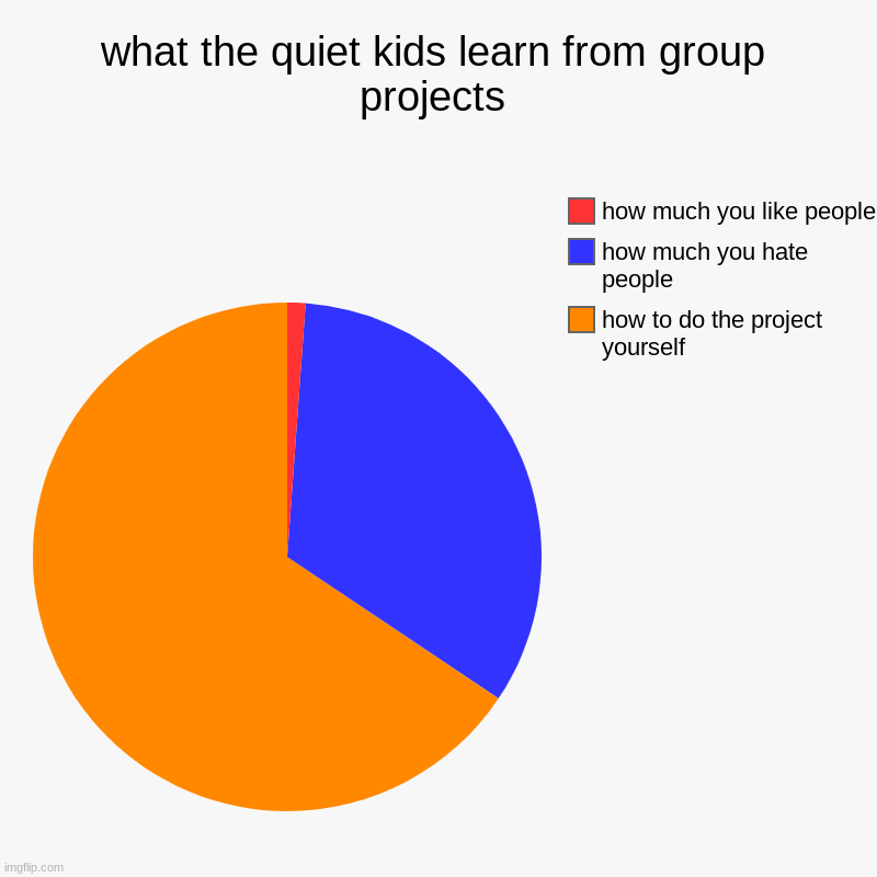 what the quiet kids learn from group projects | how to do the project yourself, how much you hate people, how much you like people | image tagged in charts,pie charts | made w/ Imgflip chart maker