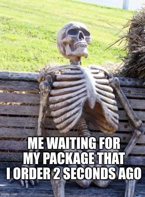 Waiting Skeleton | ME WAITING FOR MY PACKAGE THAT I ORDER 2 SECONDS AGO | image tagged in memes,waiting skeleton | made w/ Imgflip meme maker